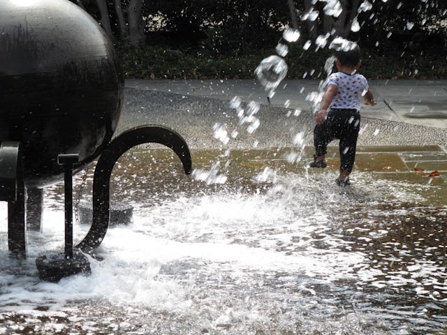 Summer, water, splash park, baby, child, little girl playing in water, park, arboretum, Dallas, Texas